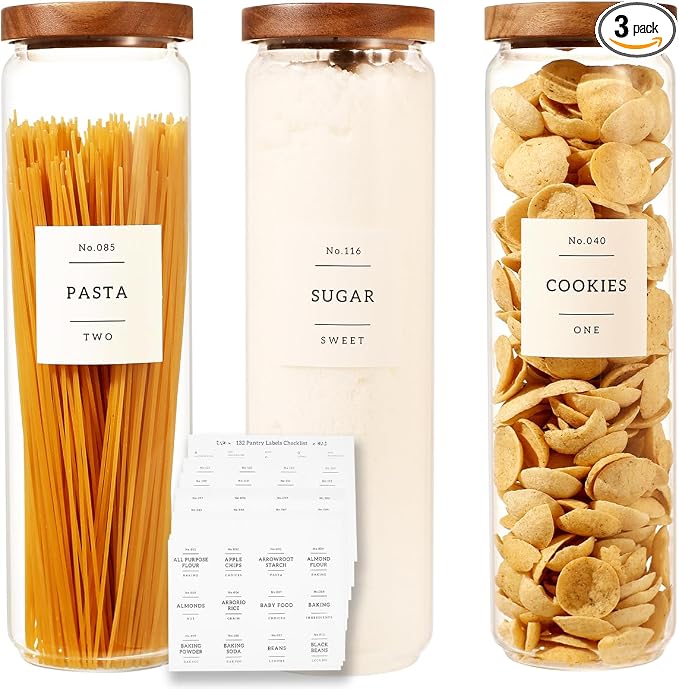 3 Pack Glass Canisters with Airtight Acacia Lids and 132 Kitchen Pantey Labels Preprint - 51 Fl Oz Borosilicate Glass Pantry Storage Jars Containers with Wooden Lids for Pasta,Spaghetti,Cereal,Noodles