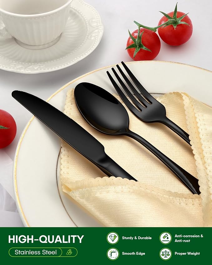 PHILIPALA 60 Piece Black Silverware Set, Stainless Steel Flatware Set for 12 Food Grade Cutlery Utensil Set Include Knife Fork Spoon Mirror Polished Dishwasher Safe