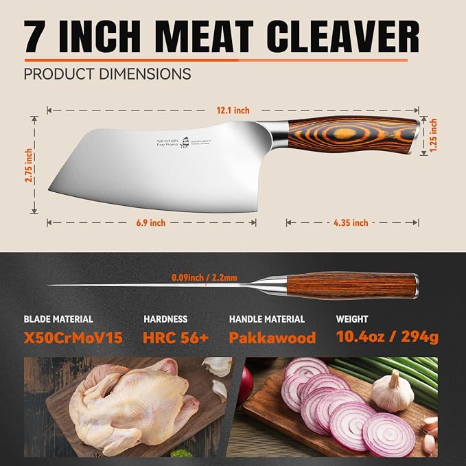 TUO Vegetable Cleaver Knife, Chinese Chef Knife 7 inch Meat Cleaver with Pakkawood Handle, Stainless Steel Butcher Chopper for Home Kitchen - Fiery Phoenix Series