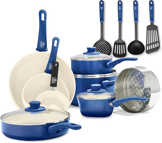 GreenLife 16 Piece Ceramic Nonstick Pots & Pans Cookware Set, Blue | PFAS-Free Nonstick Coating, Stockpot, Frying Pans, Saucepans, Sauté Pan, Stay-Cool Handles, Dishwasher & Oven Safe up to 350F