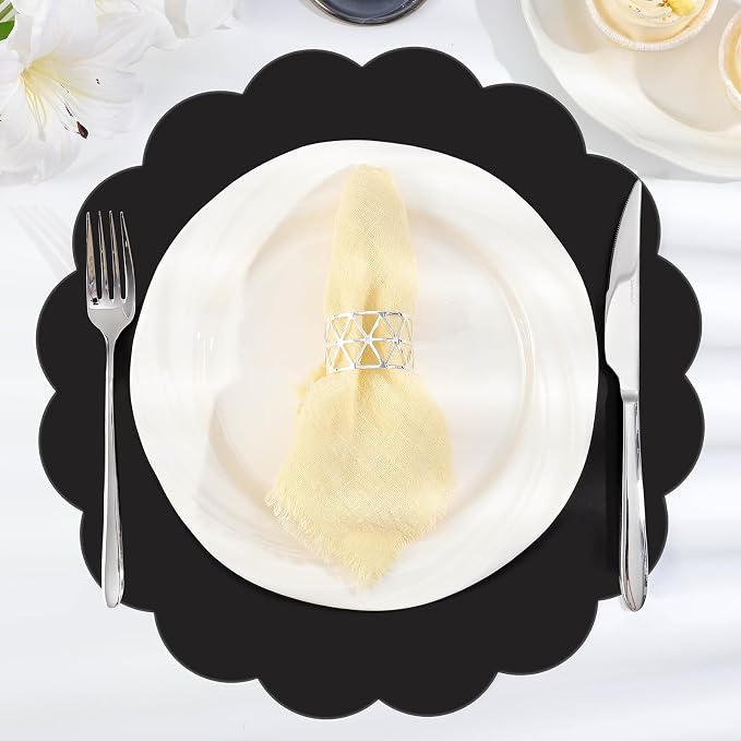 60 Pcs Black Paper Placemats, 13.5 Inch Disposable Scalloped Placemat | Round Table Place Mats Decorative Paper for Birthday Party Graduation Celebration Wedding Banquet Bridal Shower Party