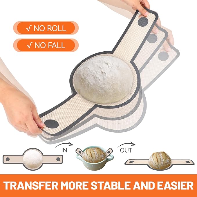 HOTEC 2 Pcs Silicone Bread Sling for Dutch Oven, 0.7MM Thickened Heat Resistant to 500°F Non-Stick Baking Mat with Long Handle Easy to Transfer Sourdough Bread, Dutch Oven Liners Baking Supplies