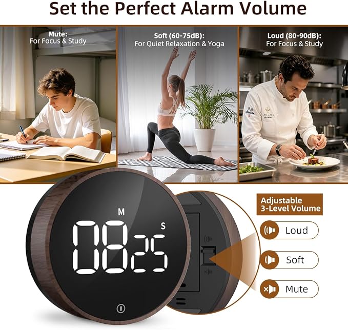 Digital Magnetic Kitchen Timer & Stopwatch with LED Display, Woodgrain | Up to 99:55 Countdown & Count Up , Easy Twist Control, Adjustable Volume & Brightness, Magnetic Back, Battery Powered