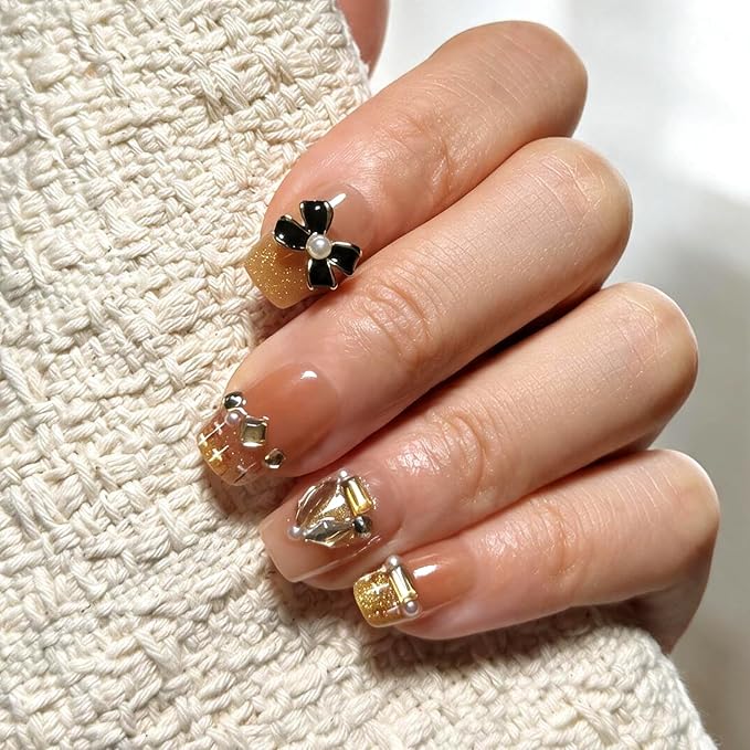 6 Packs (144 Pcs) | Reusable Press on Nails | cute nails | 6-Style Bundle | 12 Sizes | Each Style 24 Pcs | Black Gold Bow Heart