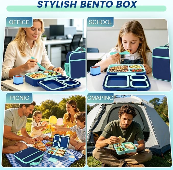 Bento Lunch Box Set For Kids Adult With Thermo Bag, BPA-Free, Leak-proof | 36 OZ Durable, All-In-One Lunch Box Kids Kit With DIY Stickers Sauce Cup, Dishwasher Safe(Blue)