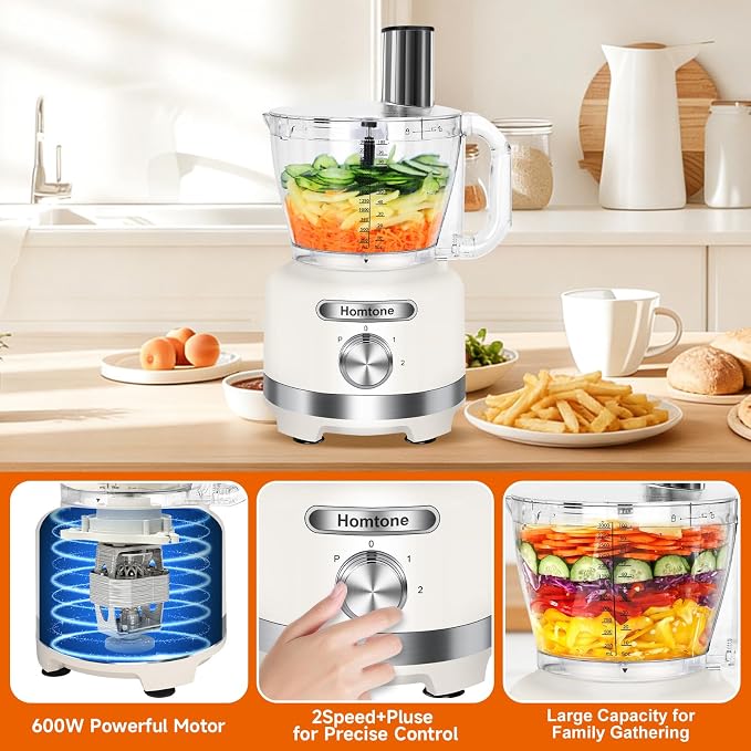 Homtone 16-Cup Food Processor, Large 9-IN-1 Food Veggie Chopper for Home Meal Prep, 7 Blades for Shredding, Slicing, Chopping, Kneading, Emulsifying, Dishwasher Safe, 600W (White, 16 cup)