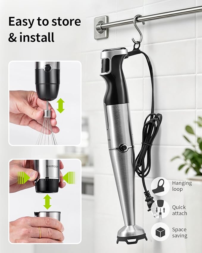 SHARDOR Immersion Blender Handheld, 1100W Hand Blender with Variable Speed, 5-in-1 Stick Blender Stainless Steel Shaft with Chopper, Whisk, Frother & Beaker for Soup, Sauces, Smoothies, Baby Food
