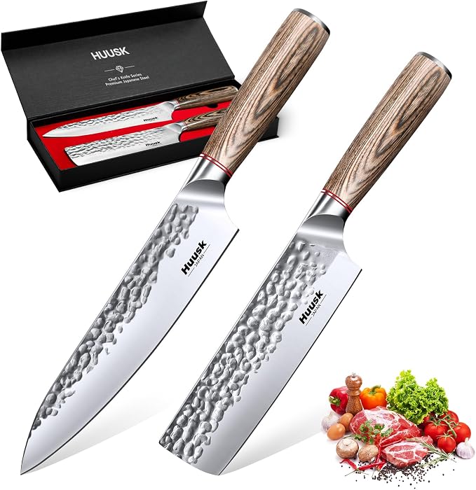 Huusk Japanese Kitchen Knife Set of 2 - Professional Chef Knives Set | Hand Forged Nakiri Vegetable Chopping Knife, Meat Cleaver Knife Set for Meat Cutting, Gift for Chef Men Women