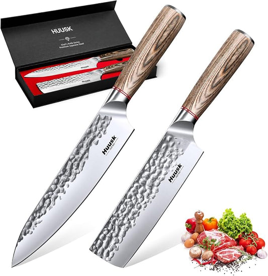Huusk Japanese Kitchen Knife Set of 2 - Professional Chef Knives Set | Hand Forged Nakiri Vegetable Chopping Knife, Meat Cleaver Knife Set for Meat Cutting, Gift for Chef Men Women