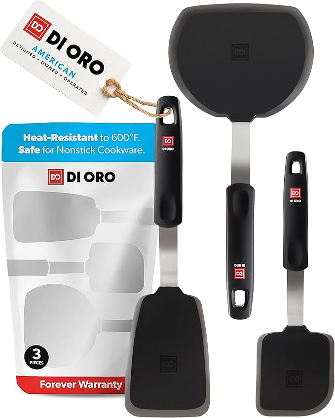 DI ORO Silicone Turner Spatula Set - 600F Heat Resistant, 3-Pc | Flexible flippers for eggs, pancakes, and crepes; Won't scratch nonstick pots and pans; BPA-free and dishwasher safe