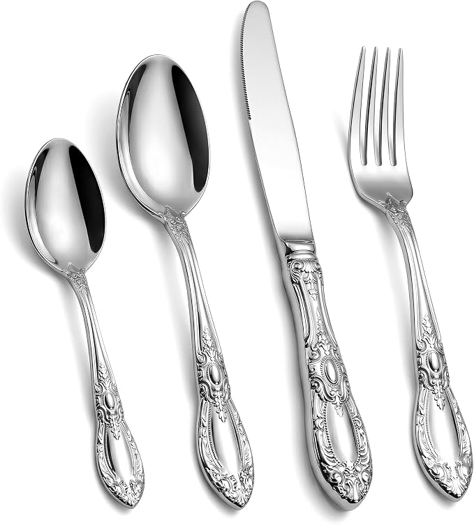 OSVSEE Vintage Silverware Set, 18/10 Stainless Steel Flatware Set for 4 | Heavy Duty Flatware with Royal Palace Handles, Mirror Polished Cutlery, Dishwasher Safe Silverware for Weddings & Gift Giving