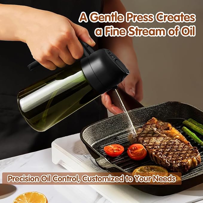 2PCS 16oz/470ml Glass Olive Oil Sprayer for Cooking - 2 in 1 Olive Oil Dispenser for Kitchen Gadgets, Air Fryer, Salad, and BBQ (Black & Black)