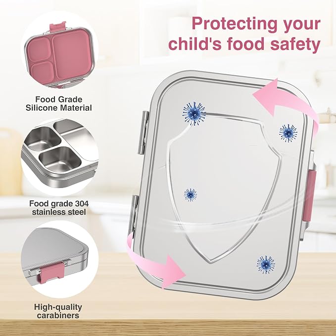 HOMEKOL Stainless Steel Bento Lunch Box 3 Compartments, 3.3 Cups, Pink | for Kids Adults, Leak-Proof Metal Container for Office School Picnic, BPA-Free, Dishwasher Safe, 800ml (Not Insulated)