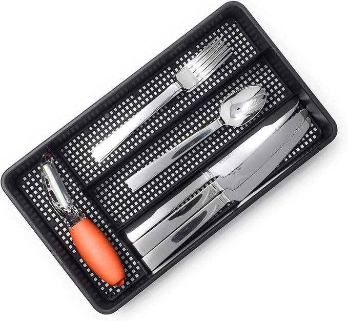 Dial Industries Small Utensil Silverware Kitchen Drawer Organizer, Black | Keeps forks, spoons and flatware neatly separated, Compact fit for shallow drawers, Great for RVs, campers or everyday use