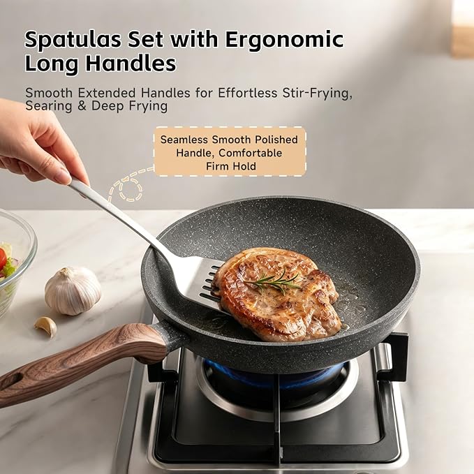 Cooking Utensils Set, 4PCS Stainless Steel Spatula, Dishwasher Safe | Metal Kitchen Utensils Set, Heat Resistant Solid & Slotted Turner, Serving & Slotted Spoons for Flipping Fish, Eggs, Pancakes