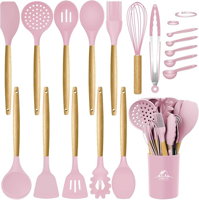 MIBOTE Silicone Cooking Kitchen Utensils Set, Wooden Handle, Pinky | BPA-Free, Non-Toxic Silicone Turner, Tongs, Spatula, Spoon Set – Great for Nonstick Cookware, Heat-Resistant, Easy Clean