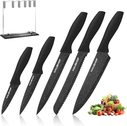 HAUSHOF Kitchen Black Knife Set, 5 PCS Knife Sets with Arcylic Block | Teflon Coated Knives Set for Kitchen, Premium Stainless Steel, Ergonomic Handle, Great for Slicing, Dicing&Cutting