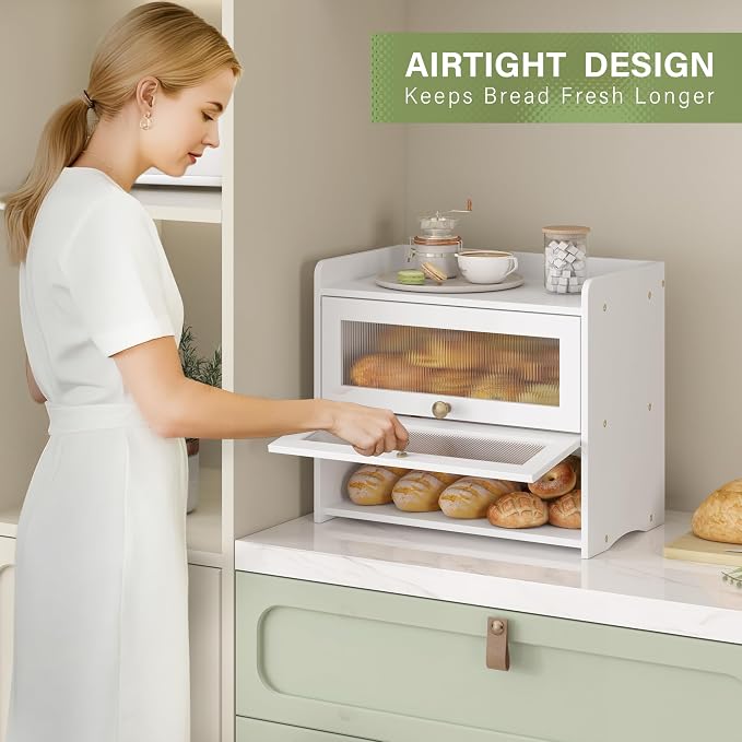 Large Vintage Bread Box for Kitchen Countertop Homemade Bread, White | Farmhouse Wooden Double Layer Breadbox Organizer Bread Holder Storage Container with Window