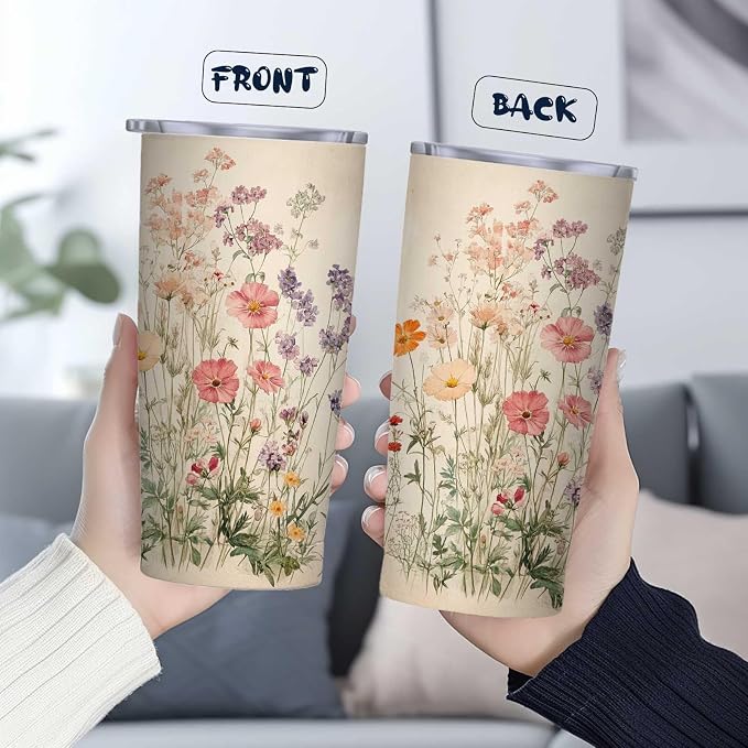Boho Floral Tumbler 20 oz Stainless Steel Insulated Travel Mug with Lid and Straw, Flower Coffee Tumbler Cup for Hot Cold Drinks, Vintage Floral Gifts for Women Mom Friend