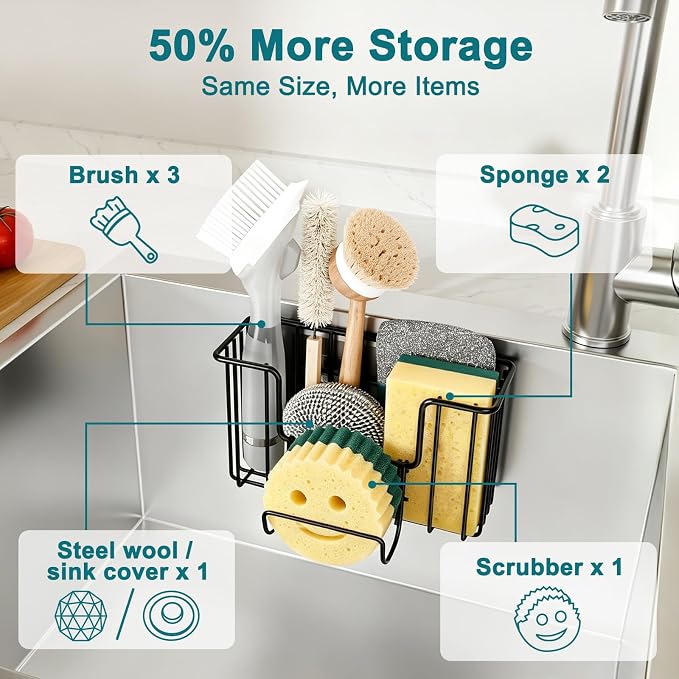 Fikoksol Sponge Holder for Kitchen Inside Sink Hanging with Adhesive Hook | Multifunctional Kitchen Sponge Caddy for Brush Storage, Metal Deep Non-Rust Kitchen Sponge Organizer Rack In Sink Accessory