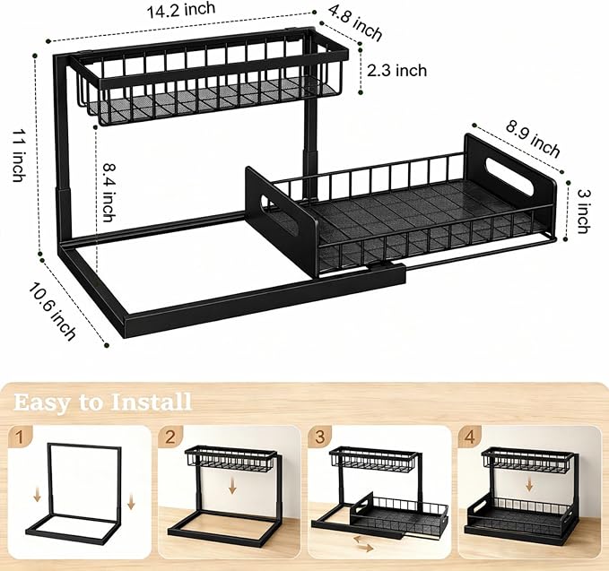 Upgraded Under Sink Organizer, 2 Tier Pull Out Kitchen Cabinet Organizer Metal Slide Out Bathroom Organizers and Storage Makeup Drawer Organizer for Office Bedroom Restroom Livingroom, 1 Pack