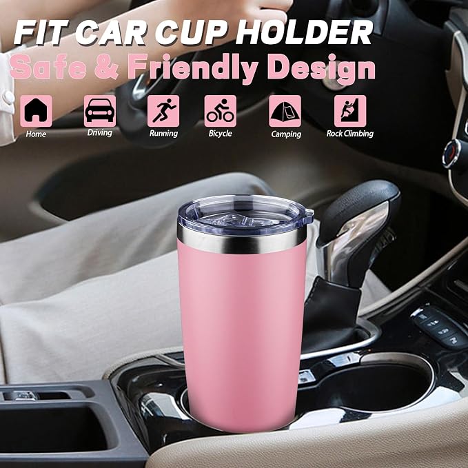 20 oz Tumbler with Lids and Straws, Stainless Steel Insulated Coffee Tumbler, Double Wall Vacuum Insulated Travel Mug Cup, Leakproof Thermal Coffee Cup for Hot and Cold Drinks (light pink)