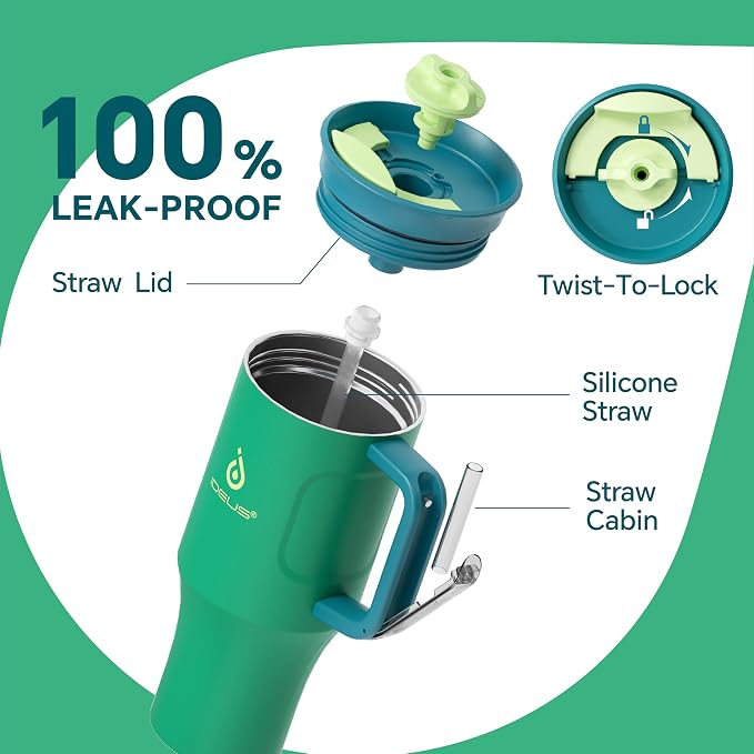Ideus 32 oz Tumbler with Handle and Straw, Olive Green | 100% Leak Proof, Double Wall Vacuum Insulated, Stainless Steel Travel Mug, Cup Holder Friendly