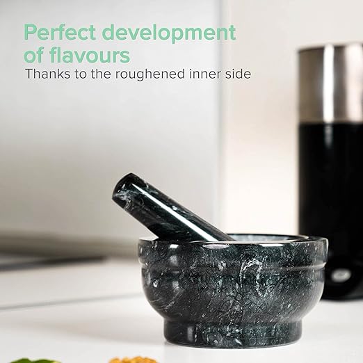 Pestle and Mortar - Solid Black Marble Herbs & Spice Grinder - Natural Stone Mortar and Pestle Set to Cook Like a Chef - Smooth Polished Outside for Comfortable Grip