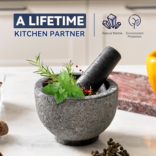 African Natural Granite Mortar and Pestle Set, Grinder Bowl for Guacamole, Salsa, Pill Crusher, Spice, Herb, Garlic, Nut, Heavy Duty Grinder for Kitchen (Sandblasted Finish)