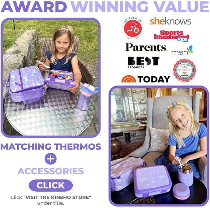 kinsho Bento Box for Girls Toddlers with Thermo Lunch Pack, Purple Unicorn | 5 Compartments, Removable Tray, Small Meal Snack Container for Girls Toddlers Daycare Pre-School Kindergarten, Steel Food Jar