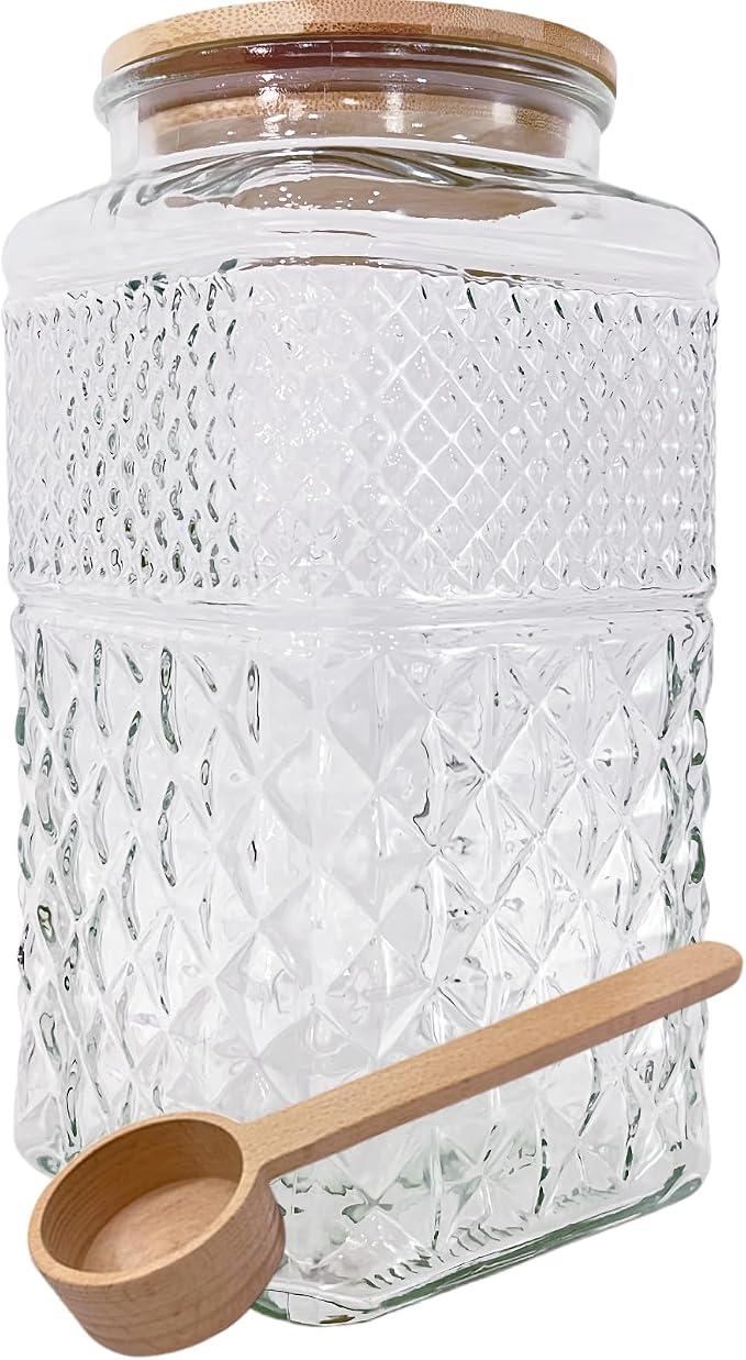 1 Gallon Large Glass Jar Airtight Lid Spoon Vintage Glass Storage Jars | 120 OZ Square Wide Mouth Glass Coffee Canister Container for Candy Sugar Tea Nuts Flour Dog Treat