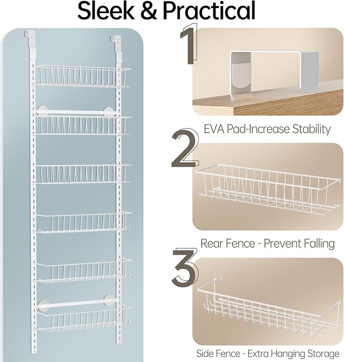 Delamu Adjustable Cabinet Door Organizer, 6-Tier Hanging Spice Rack Organizer, Metal Over the Door Pantry Organizer, Pantry Organizers and Storage Shelves for Kitchen Bathroom Laundry Room, White M