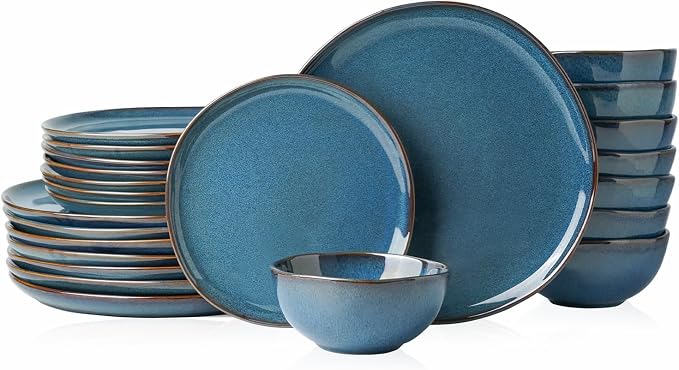 Stoneware Dinnerware Sets for 8, Reactive Glaze Plates and Bowls, Blue | 24-Piece Handcrafted Rustic Porcelain Dishes Set, Highly Scratch Resistant, Dishwasher & Microwave Safe