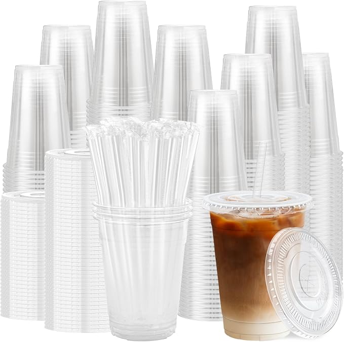 Lamosi 500 Pack 16 oz Clear Plastic Cups with Lids and Straws | Disposable Plastic Cold Cups for Iced Coffee, Smoothies, Parties, Picnics, Office Drinks, Light To-Go Use and Easy Cleanup