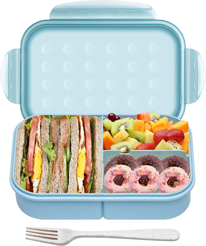 Itopor Bento Box for Kids & Adults, Lunch Box 46 oz / 1400ml, Pale Blue | Wheat straw material, BPA-free, leakproof, 3 compartments, microwave & dishwasher safe, for school, office & travel