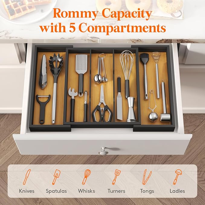 Lifewit Utensil Organizer for Kitchen Drawer, Expandable Cooking Utensil Tray, Cutlery Silverware Flatware Holder, Wood Adjustable Spatula Tools Storage Divider, 33-56x38cm, Natural and Black
