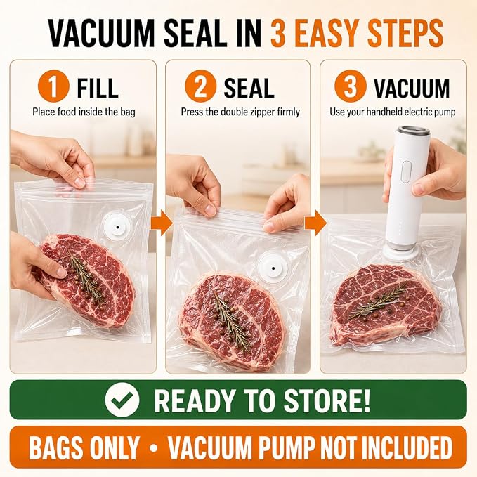 Vacuum Sealer Bags for Food, 60 Pcs Reusable Food Storage Bags, S+M+L Sizes, Air Valve Zipper Bags for Meal Prep, Freezer, Sous Vide & Microwave Storage