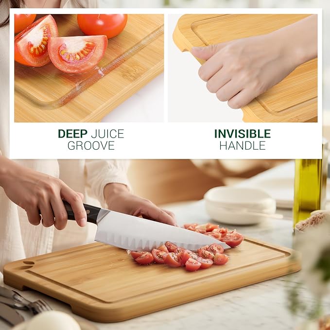 Bamboo Cutting Boards for Kitchen, Wooden Cutting Boards, 13 x 9.5 inch | Knife-Friendly Chopping Boards with Silicone Mat, Charcuterie Boards with Side Handles and Juice Grooves