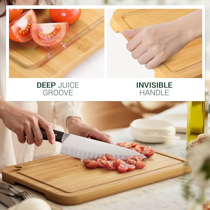 Bamboo Cutting Boards for Kitchen, Wooden Cutting Boards, 15 x 12 inch | Knife-Friendly Chopping Boards with Silicone Mat, Charcuterie Boards with Side Handles and Juice Grooves