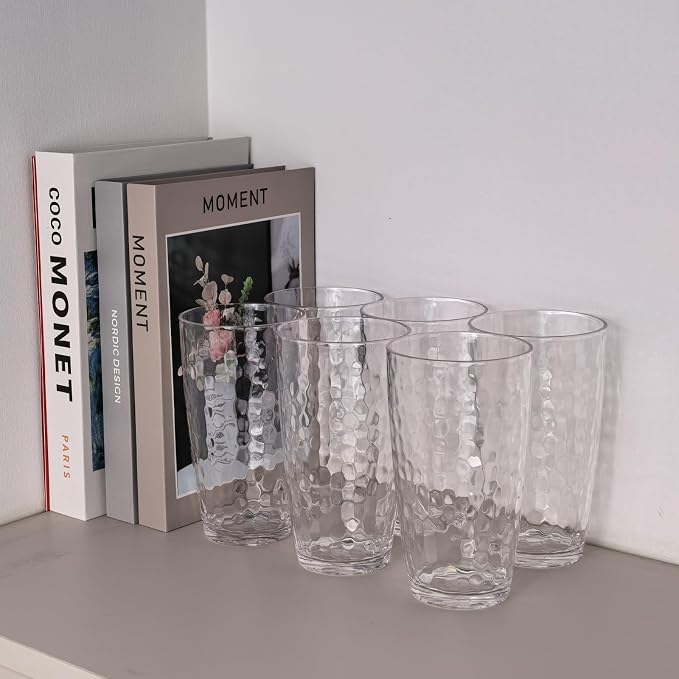 Yalin 20 Ounce Acrylic Drinking Glasses, Reusable Plastic Tumbler, Stackable, BPA-Free, Shatter Proof, Dishwasher Safe, Set of 6 Cups (Clear)