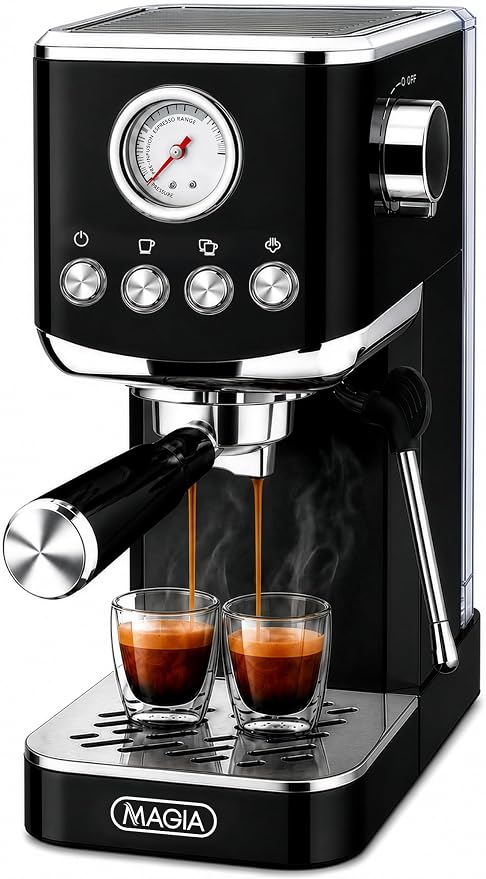 Zulay Kitchen Magia Compact Espresso Machine – 20 Bar Coffee Maker with Milk Frother Steam Wand, Latte & Cappuccino Maker, 1350W Fast Heating, 40oz Removable Water Tank, Stainless Steel – Black