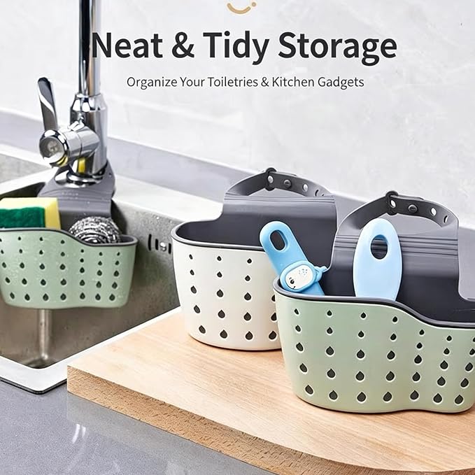 Kitchen sink storage shelf, hanging sink organizer, adjustable, removable, with drainage holes for easy drying (2 Pack)