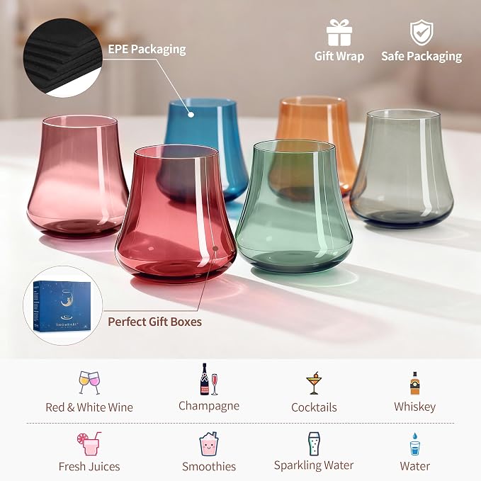 Colored Stemless Wine Glasses, 15oz Set of 6 | 6 Colorful No Stem Tumblers, Hand Blown Lead-Free Crystal, Stable Base, Party Wedding Dinner Daily Use, Ready to Gift