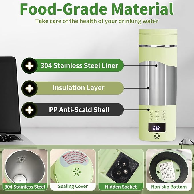 Green Travel Electric Kettle with LCD Display, 6 Temperature Settings, 450ml / 15.2oz, 304 Stainless Steel, Auto Shut-Off and Dry Boil Protection, Compact and Portable Electric Kettle