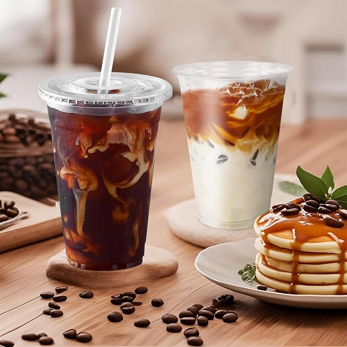 Ginkgo 100-Pack 20oz Clear Plastic Cups with Lids and Straws | Leak-Proof & Sturdy Iced Coffee Cups with Lids, Disposable To Go Cups for Smoothies, Cold Beverages