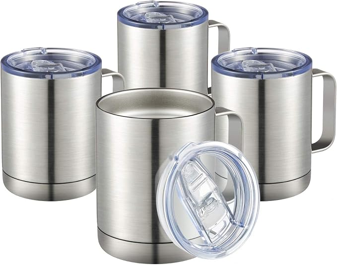 MEWAY 12oz Coffee Mug With Handle 4 Pack Bulk,Stainless Steel Insulated Travel Tumblers With Sliding Lid,Double Wall Vacuum Camping Cup for Hot & Cold Drinks Tea (Sliver,Set of 4)