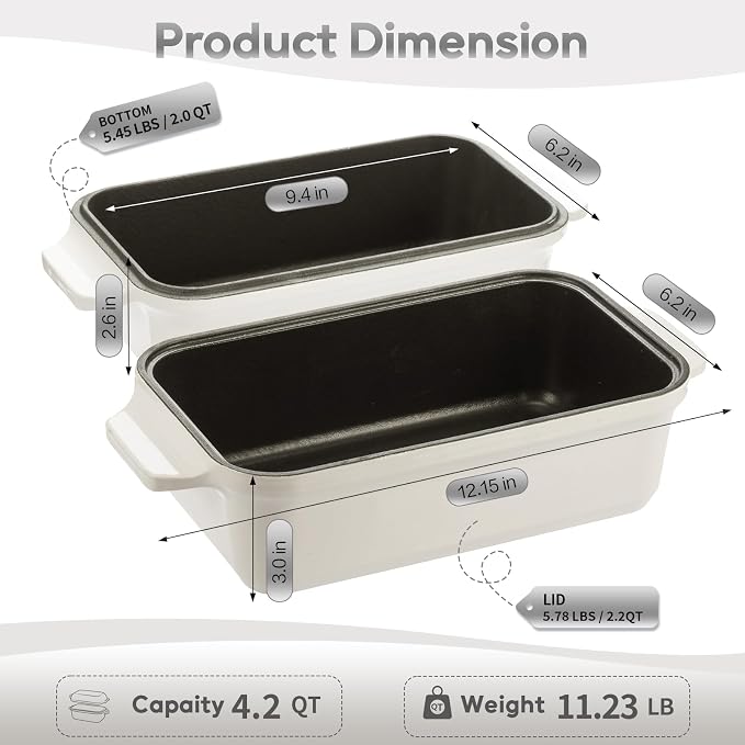 Enameled Cast Iron Dutch Oven for Sourdough Bread Baking, 9×5 Dutch Oven Pot with Lid, 2 in 1 Bread Baking Pans with Lid, Roasting & Braising, Easy Release, Oven & Induction Safe (4.2 QT,White)