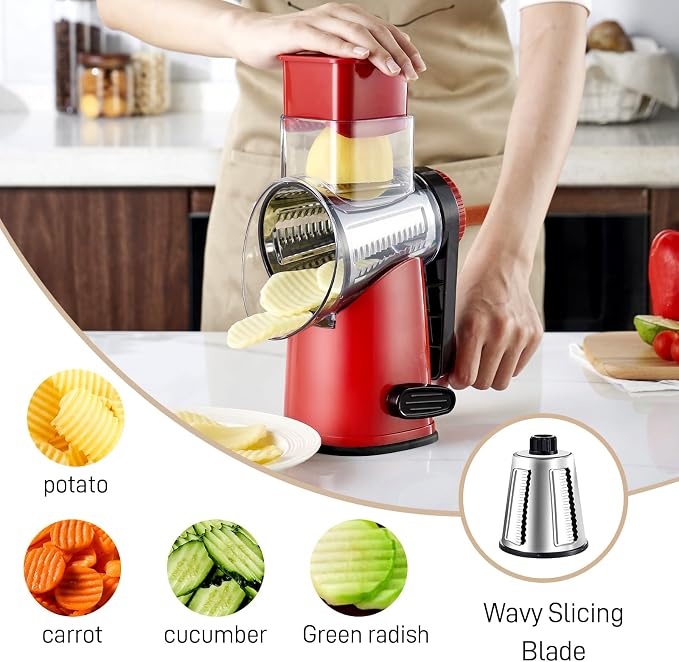 Weltonhm 4 in 1 Large Rotary Cheese Grater Hand Crank (Red black 4 Graters) | Cheese Shredder Rotary and Slicer with 4 Stainless Steel Blades for Vegetables, Veggie and Cheese, Stronger Suction Base