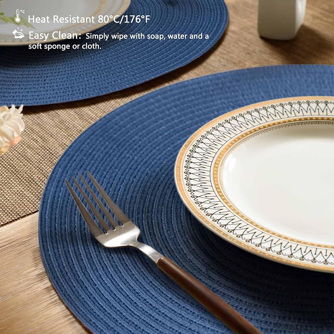 FunWheat Round Braided Placemats Set of 6 Place mats for Dining Tables Woven Heat Resistant Table Mats 15 inch (Blue,6pcs)