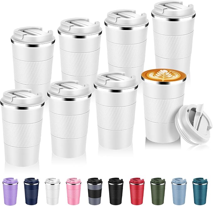 Volhoply 13 oz Stainless Steel Insulated Travel Coffee Mug with Fip Lid Bulk 8 Pack,Reusable Double Wall Vacuum Metal Coffee Cup,Portable Leak Proof Thermal Tumbler for Hot & Cold Drinks(White,8)